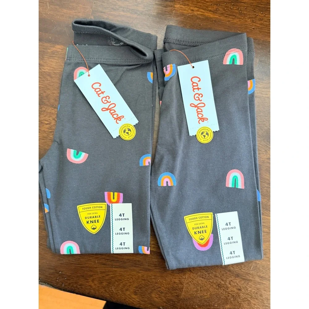 Cat & Jack Girls 4T Leggings‎ 2 Pack Tough Cotton Durable Knee Rainbow Gray NWT